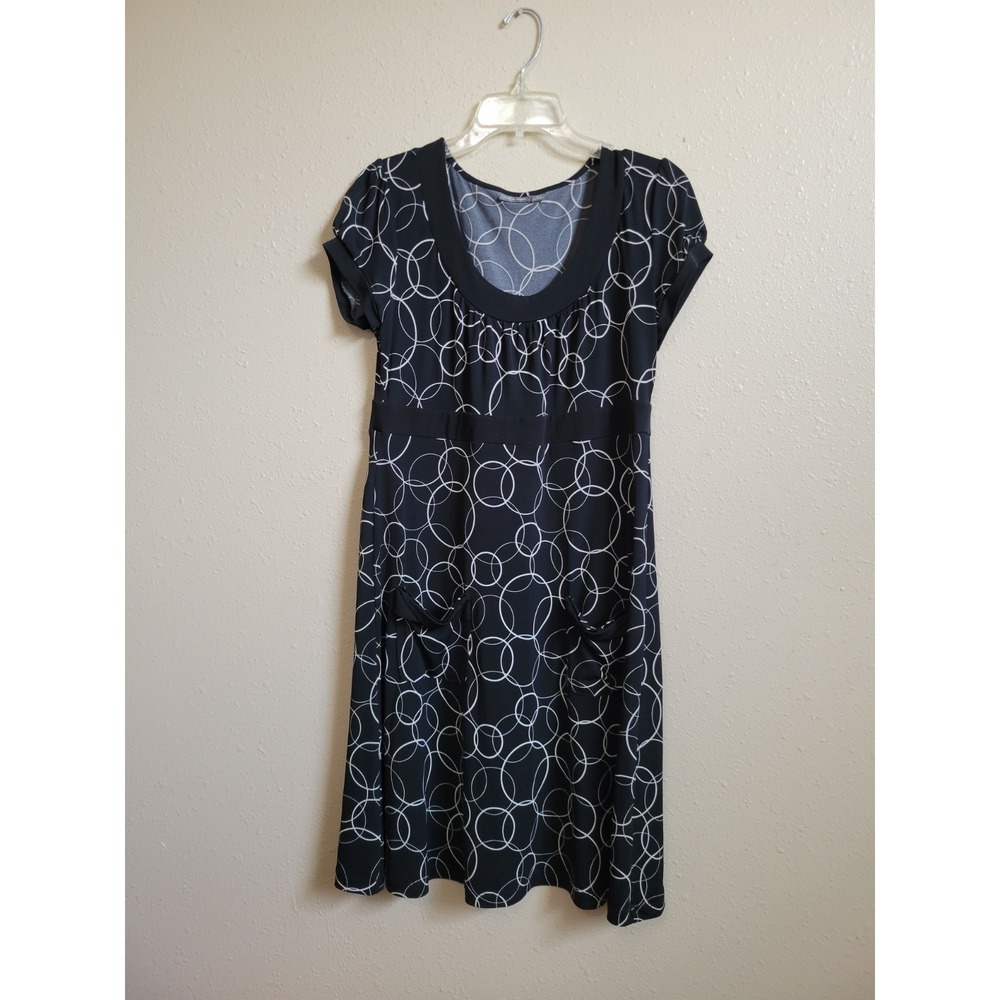 Apt 9‎ Dress Stretch Black Short Sleeve White Circle Design Sz M